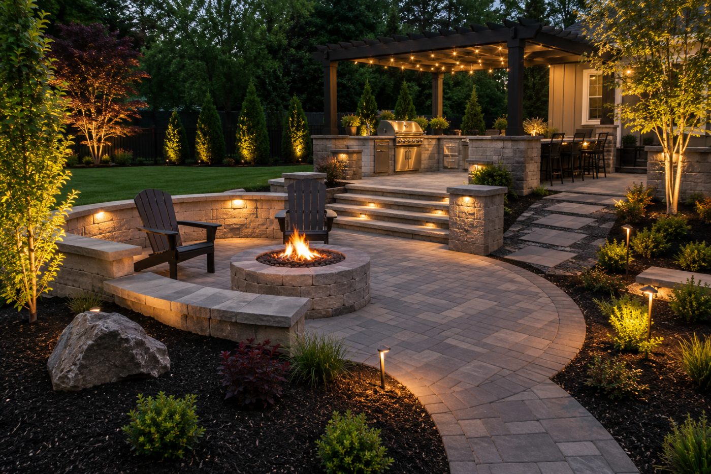 Custom paver patio with fire pit, outdoor kitchen and landscape lighting at dusk