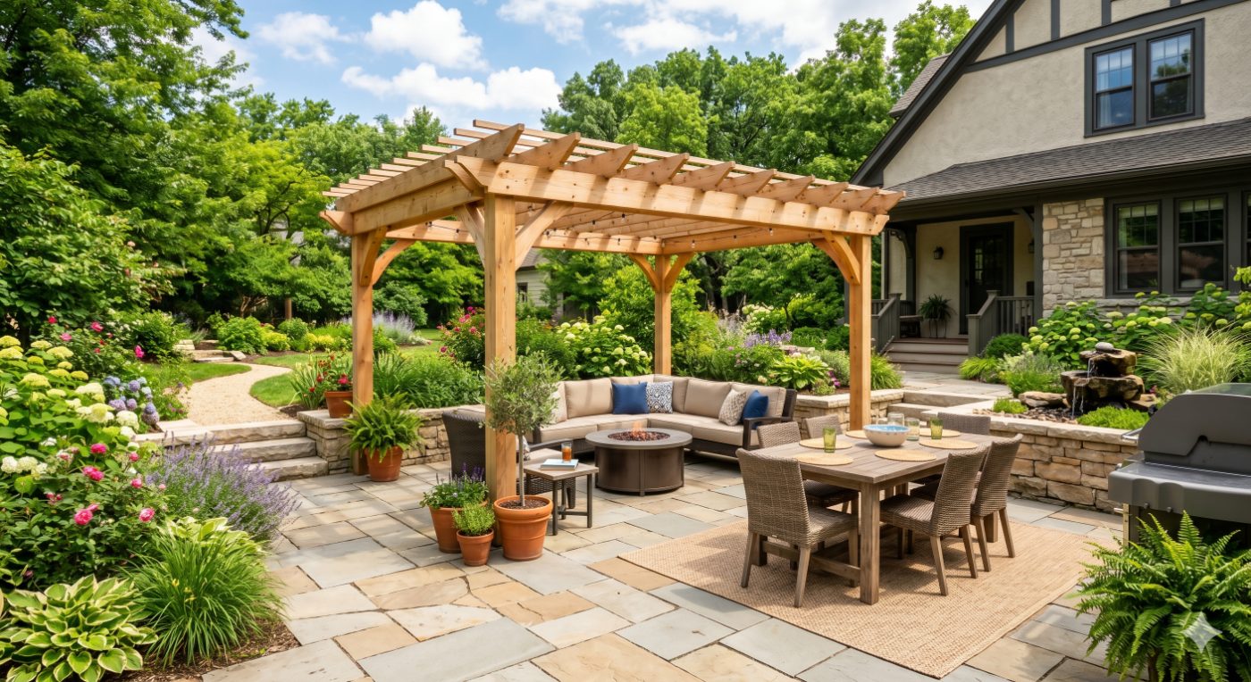 Backyard pergola, paver patio and lush garden landscaping