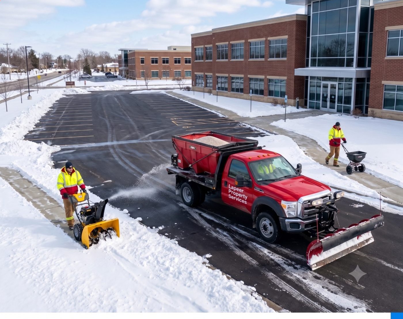 Lapeer Property Services crew plowing and salting a commercial parking lot