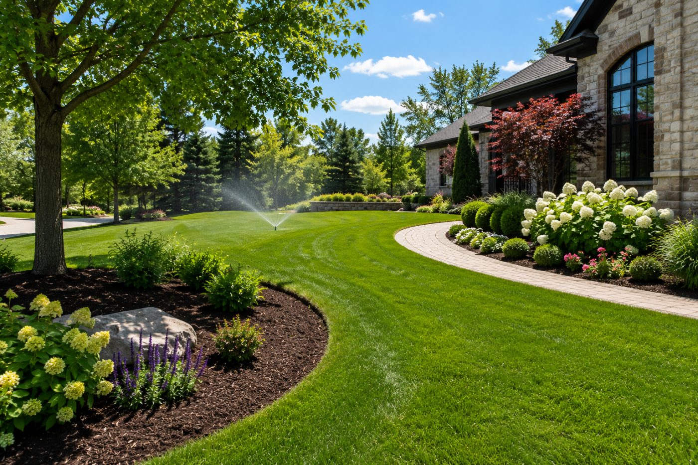 Manicured lawn with active irrigation, mulch beds and flowering gardens