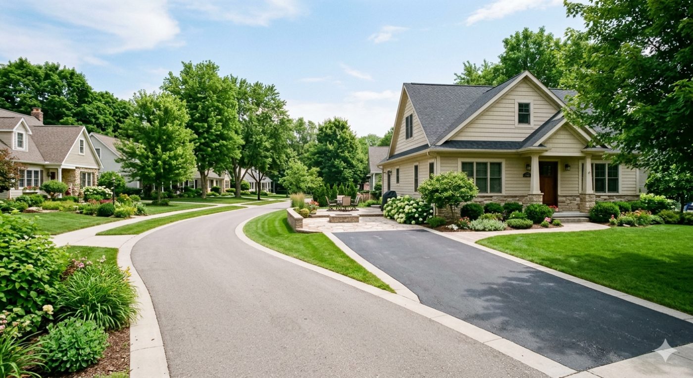 Craftsman home with manicured lawn, gardens and a freshly paved driveway in a Lapeer neighborhood